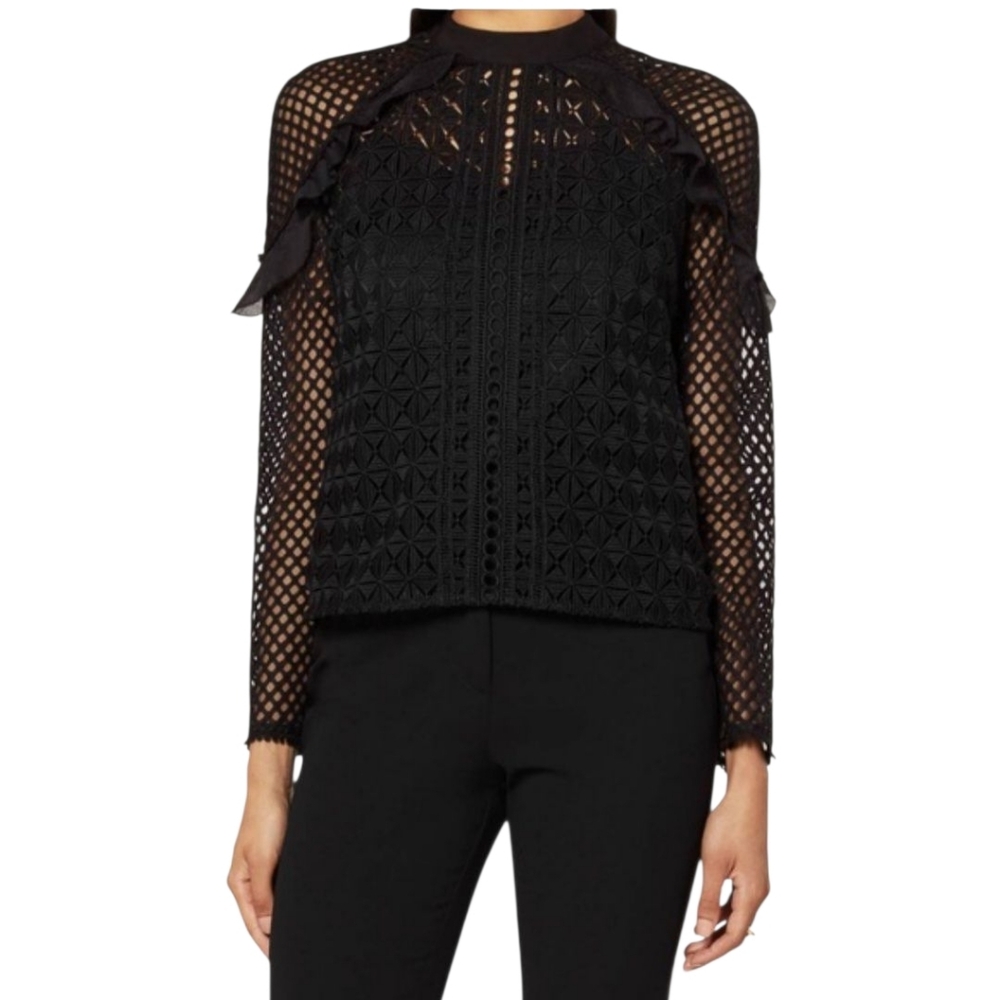 NWT $255 Self-Portrait Black Geometric Mesh Lace Top US 10 UK 14   Long Sleeve